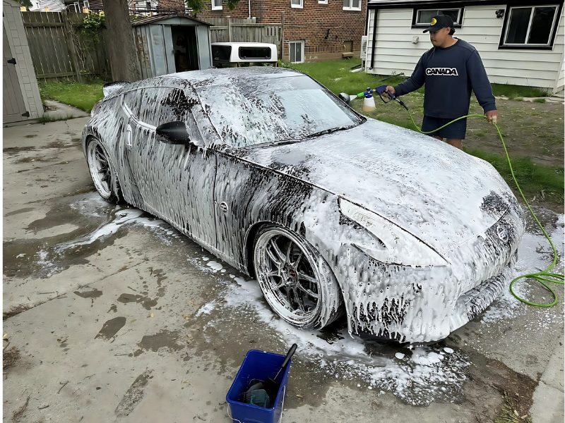 Noah working on a vehicle with foam detailing